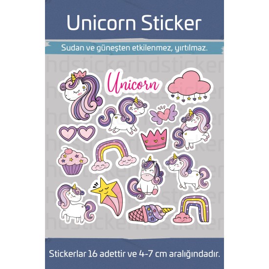 Unicorn Sticker - 16 Adet Etiket Laptop Notebook Tablet Defter Matara Sticker Seti P1